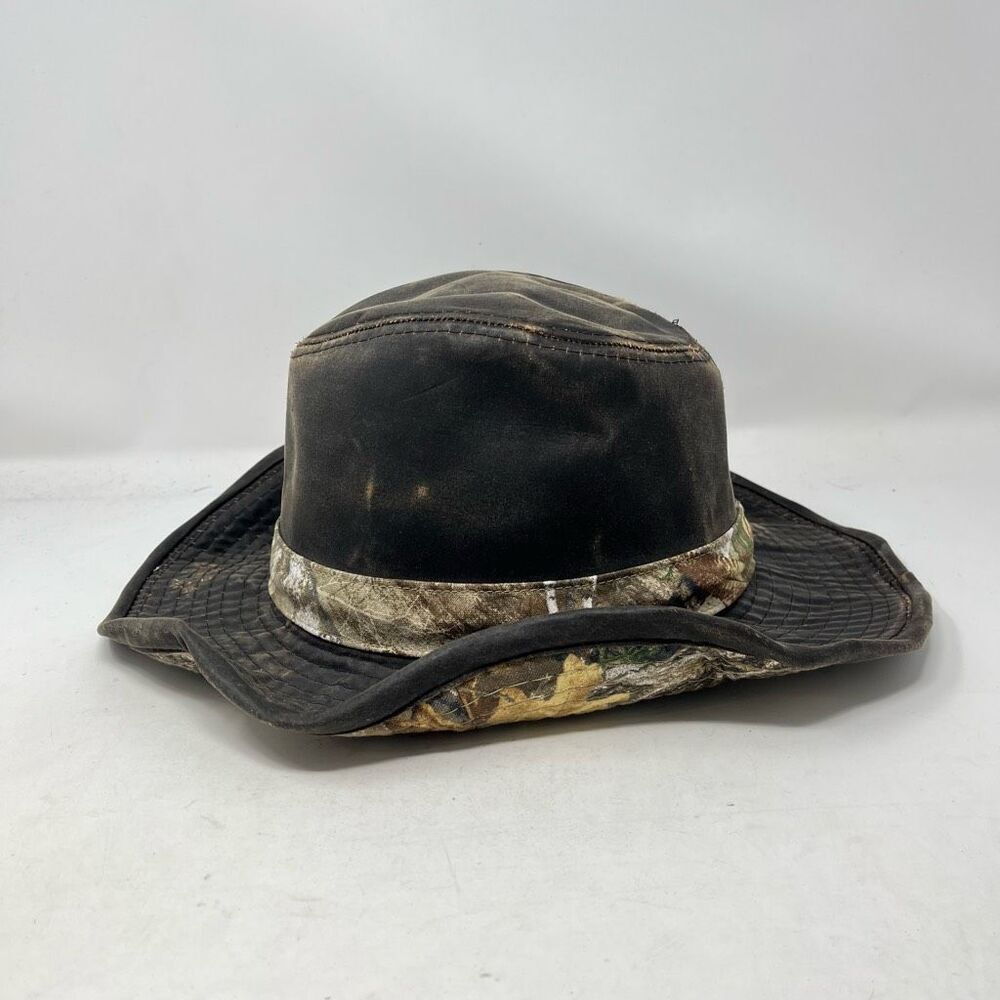 Real Tree Fedora Hat S/M Distressed Leather Camouflage Outdoor Cap Brown Mens - Picture 2 of 6